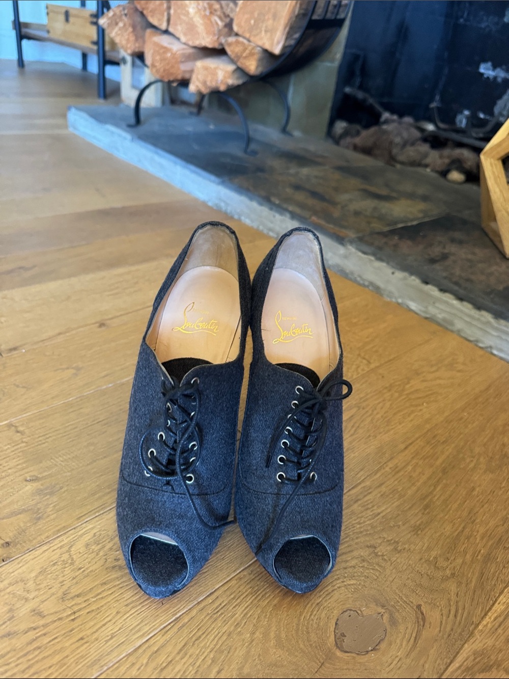 Christian Louboutin Black Peep-Toe Lace-Up Heels